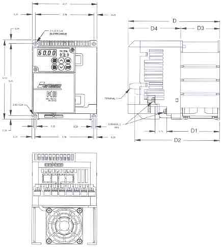 Saftronics PC10 Mini Vector AC Drive Dimensions for Part Number: PC102002-9, PC102003-9, PC104F50-9, PC104001-9, PC104002-9 & PC104003-9