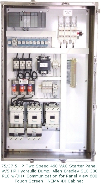 75/37.5 HP two Speed 460 VAC Srarter Panel,
<br /> w/ 5 HP Hydraulic Dump, AllenBradley SLC 500 PLC, Nema 4X Cabiniet. One of Two AC Control Cabinets.