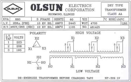 880KVA Drive Isolation Transformer Nameplate and Connections