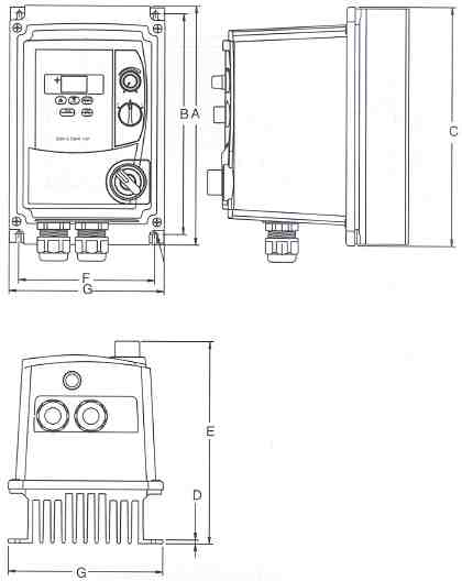 Saftronics S10 AC Micro Drives part Numbers S102F25 - S102001 with Operators.