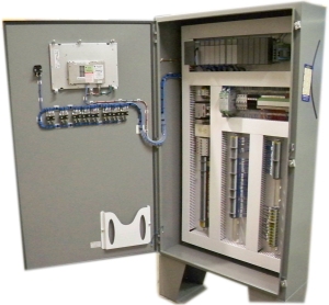 PLC Cabinet (Inside) with Touch Screen Mounted on Door.